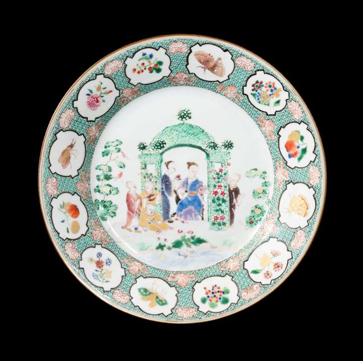 GG: Chinese export porcelain famille rose dinner plate with the Pronk Arbour pattern